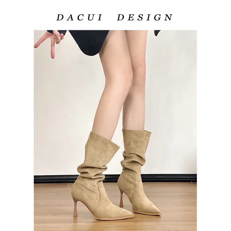 暖系流光靴子女2025新款尖头瘦瘦靴细跟堆堆靴高级感绒面两穿靴子