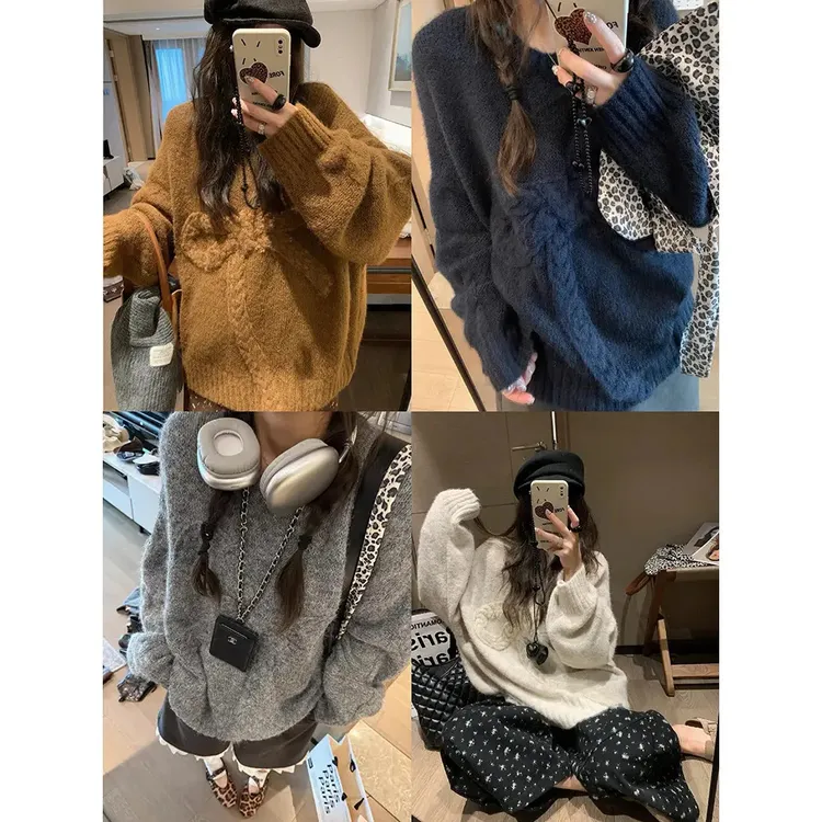 蝴蝶结毛衣女针织衫秋冬宽松慵懒圆领套头加厚上衣