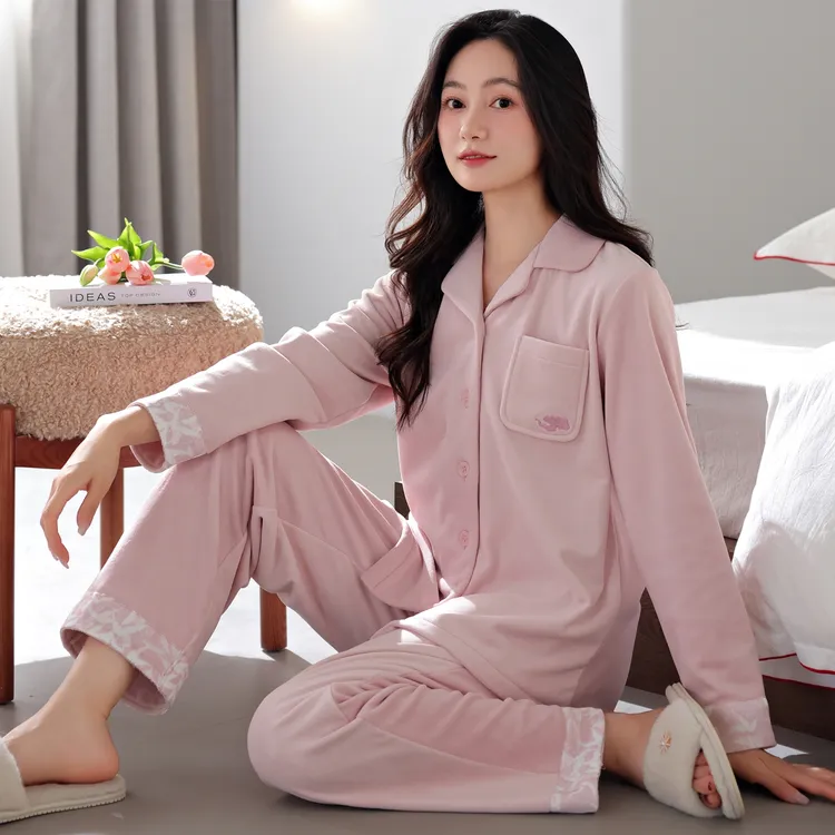 冬季国风女士海岛绒睡衣可外穿双面加厚新中式保暖妈妈家居服套装