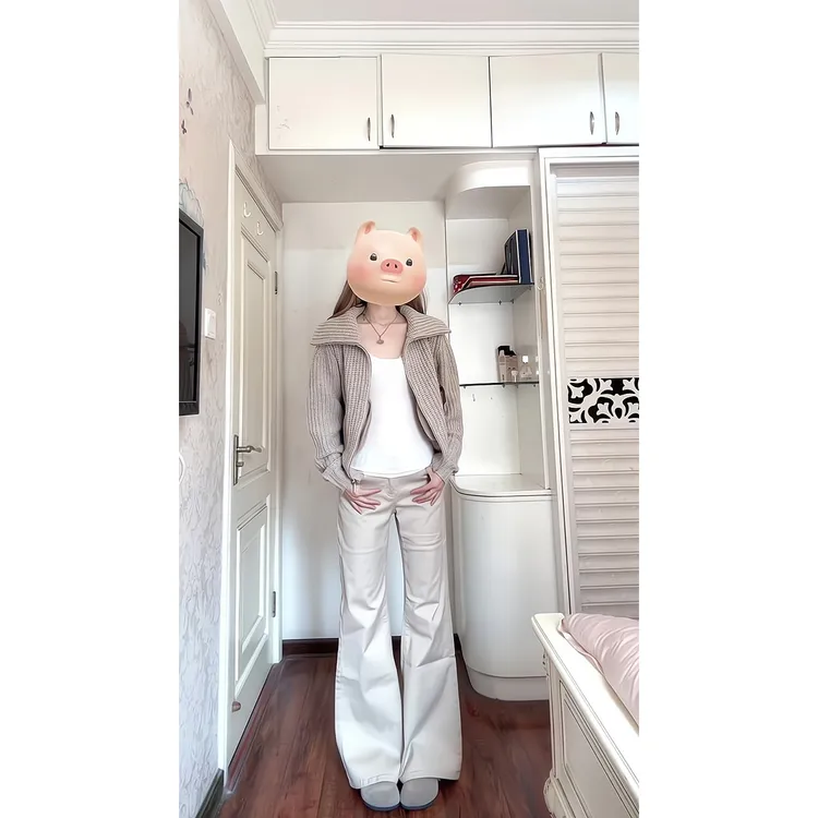 秋冬季翻领针织开衫修身短款上衣浅卡其色微喇牛仔裤不贴腿拖地裤