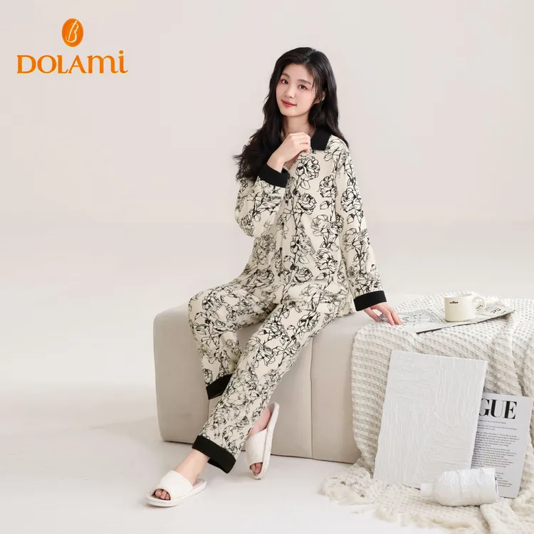多拉美睡衣女秋冬纯棉长袖长裤甜美全棉秋款可外穿女士家居服套装