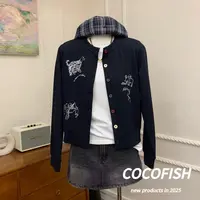 重工刺绣圆领混彩纽扣休闲短款外套#V85089