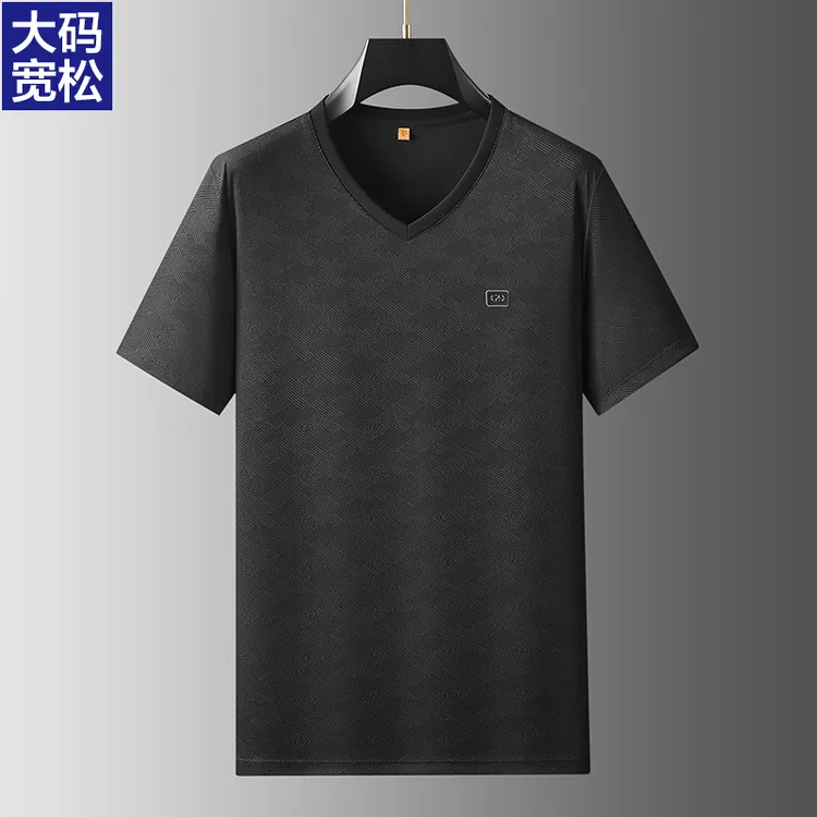 大码冰丝短袖T恤夏季加肥加大薄款轻奢半袖男胖子宽松休闲V领体恤
