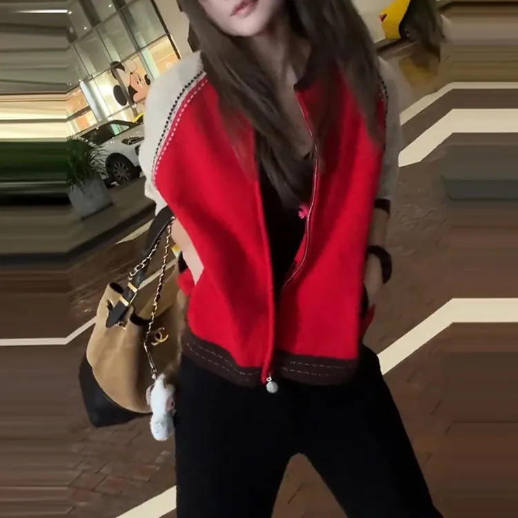 DJM711早秋开衫外套女秋季新款宽松拼色上衣外搭小众短款棒球服