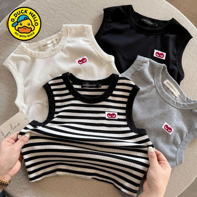 小黄鸭新款儿童背心男夏季新款小童无袖T恤爱心宝宝条纹工字背心