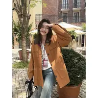 大婉酱微胖定制美拉德棕色廓形皮绒拼接外套美式慵懒chic女 9935D