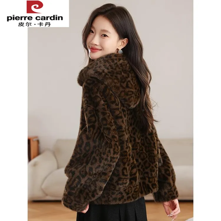 皮尔卡丹水貂绒草皮毛一体连帽衫豹纹针织外套女开衫短款宽松大码