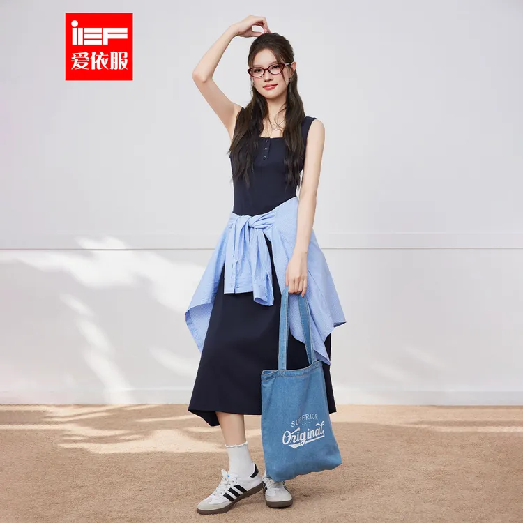 IEF/爱依服2025新款夏季温婉风无袖修身收腰气质显瘦师长裙流光风