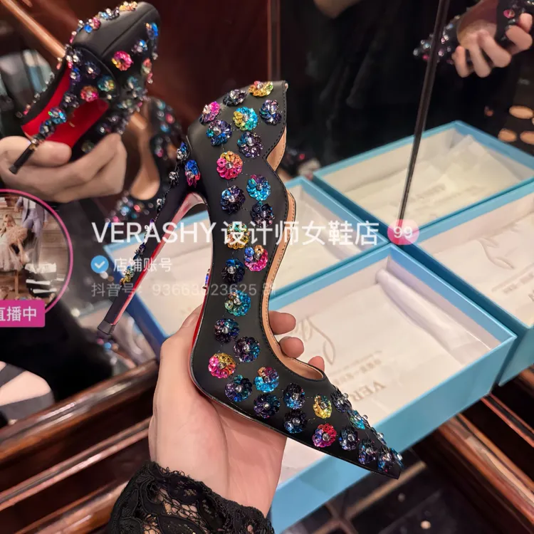 【星光芙蓉】高奢定制！炫彩亮片花朵红底鞋细跟尖头高跟鞋包头气质