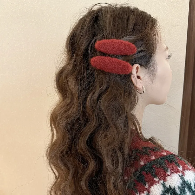 圣诞节元旦新年红毛呢发夹边夹侧边bb夹前额碎发刘海夹女发卡头饰
