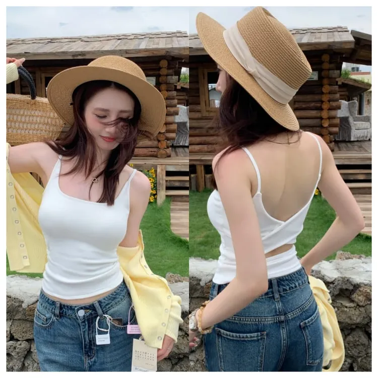 性感u领锁骨固定杯吊带背心女夏设计感露背镂空交叉上衣美背无袖