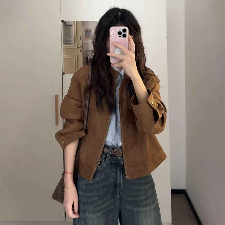 美拉德复古棕色夹克外套女春秋季2025新款早秋韩系小个子短款上衣