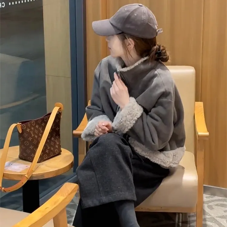 韩系复古立领羊羔毛两面穿短外套女秋冬独特漂亮皮毛一体保暖上衣