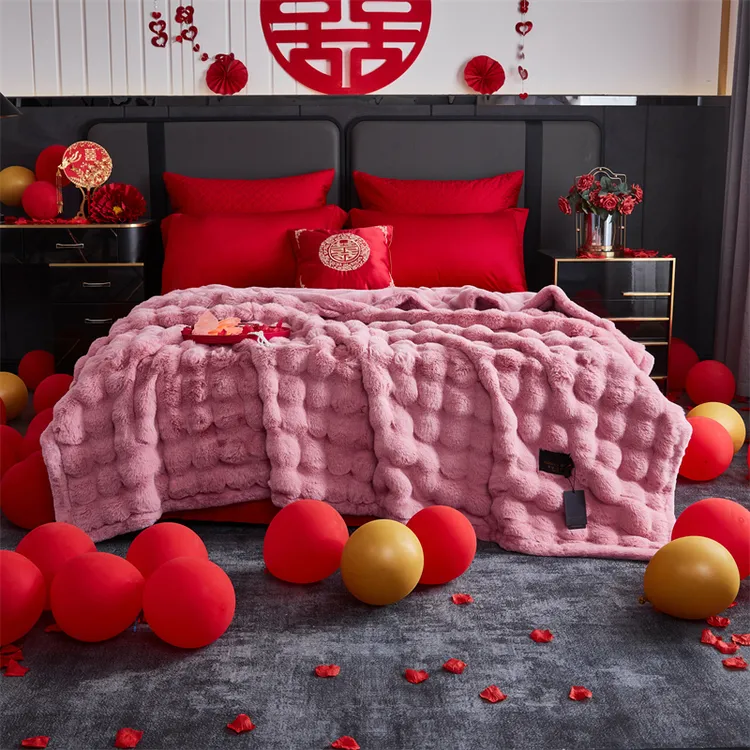 冬季高级感仿皮草摩登艺术毯子加厚轻奢婚庆盖毯结婚陪嫁毛毯被子