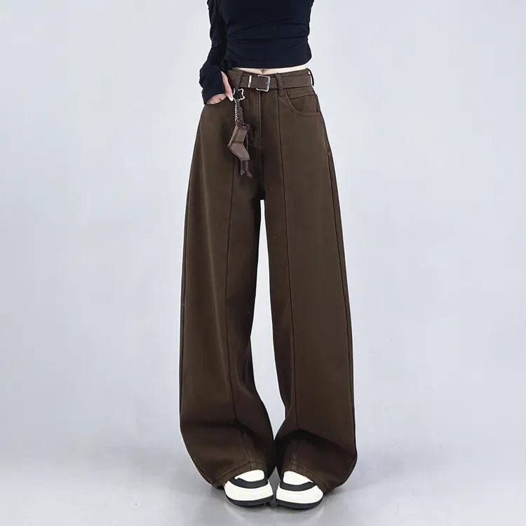 复古美拉德咖色弯刀牛仔裤女秋冬加绒香蕉裤子宽松显瘦阔腿镰刀裤