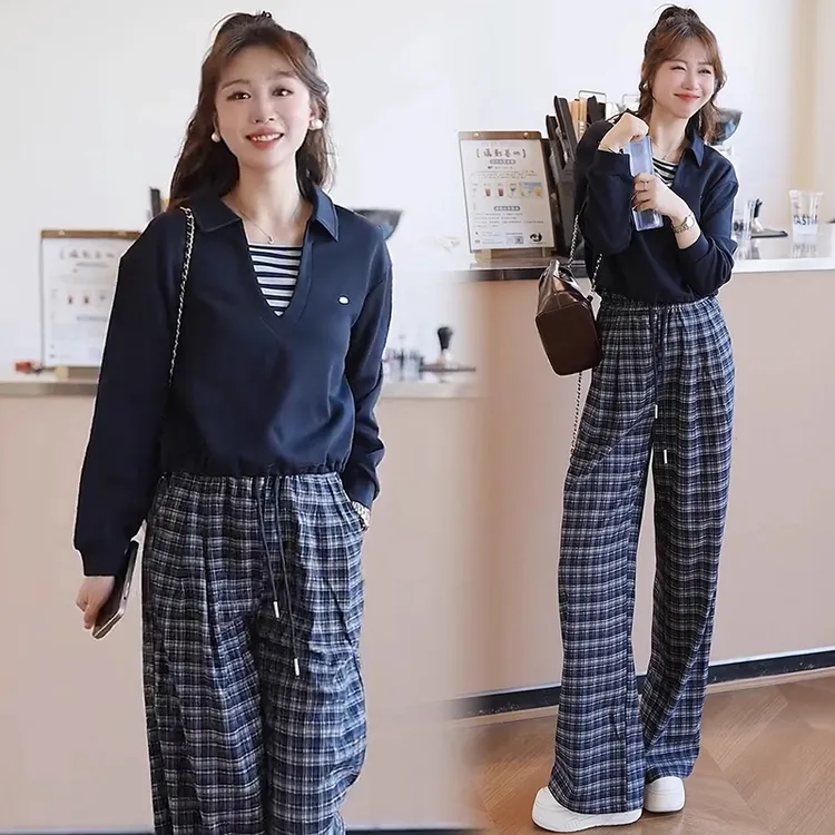 时尚套装女2025秋季新款洋气显瘦假两件长袖上衣格子阔腿裤两件套