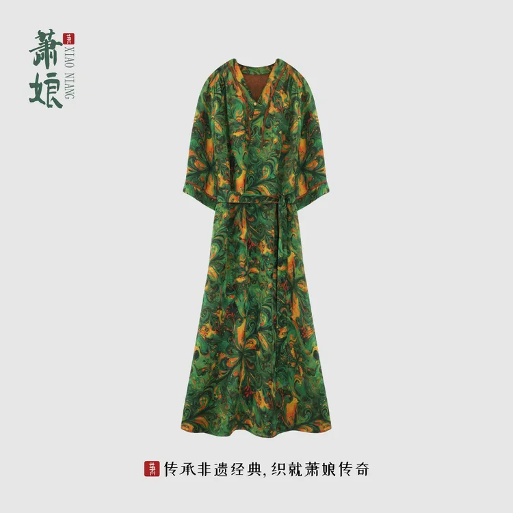 萧娘【蝴蝶油画】红云纱中袖连衣裙新中式桑蚕丝长裙宽松女裙5673