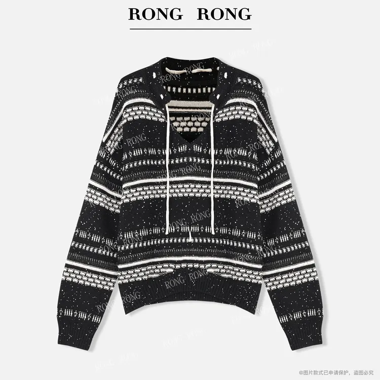溶溶【晚空赴星】RONGRONG V领珠片纱双色交织条纹针织衫ZGQ6S2510