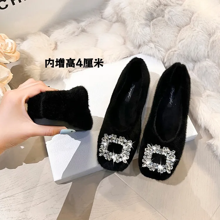 达贵菲·内增高4cm加绒水钻毛毛平底外穿女鞋保暖冬款软底方头单鞋