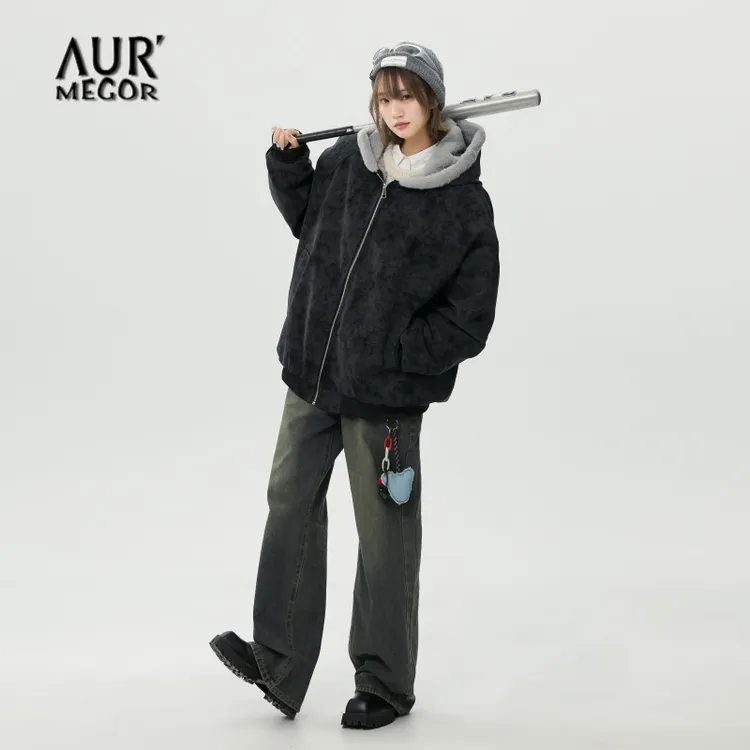 AUR新款座山雕长袖韩版秋冬棉服连帽情侣加绒磨毛荔枝纹棉衣男