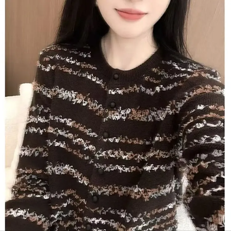 通勤条纹针织开衫薄款潮牌女装毛衫洋气宽松套头长袖圆领时尚