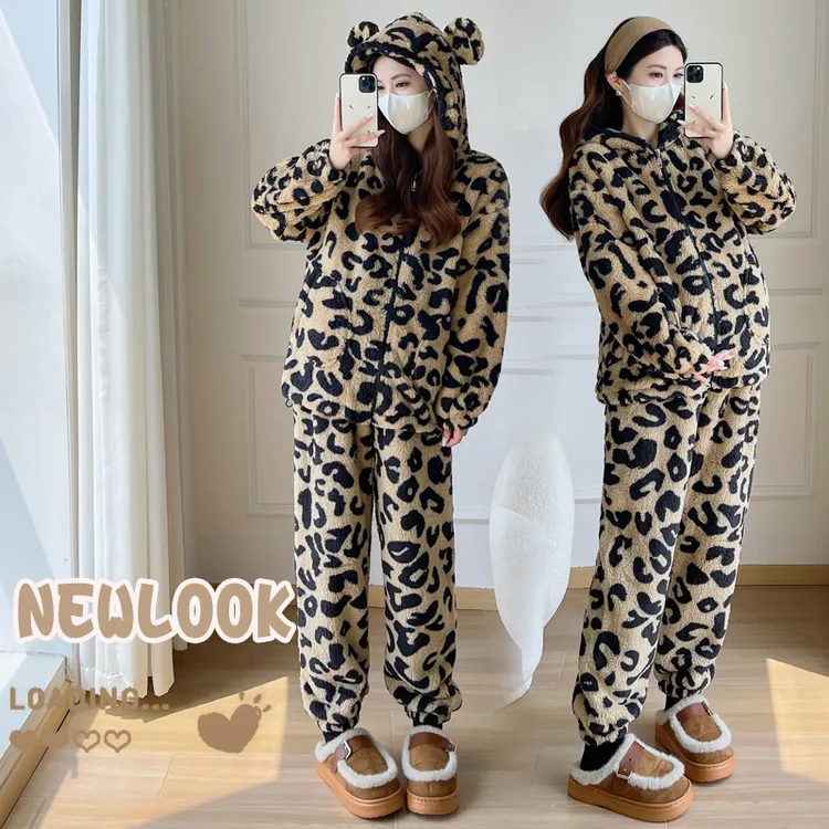 时髦孕妇秋冬装2025新款加绒加厚高级感豹纹家居服外穿保暖两件套