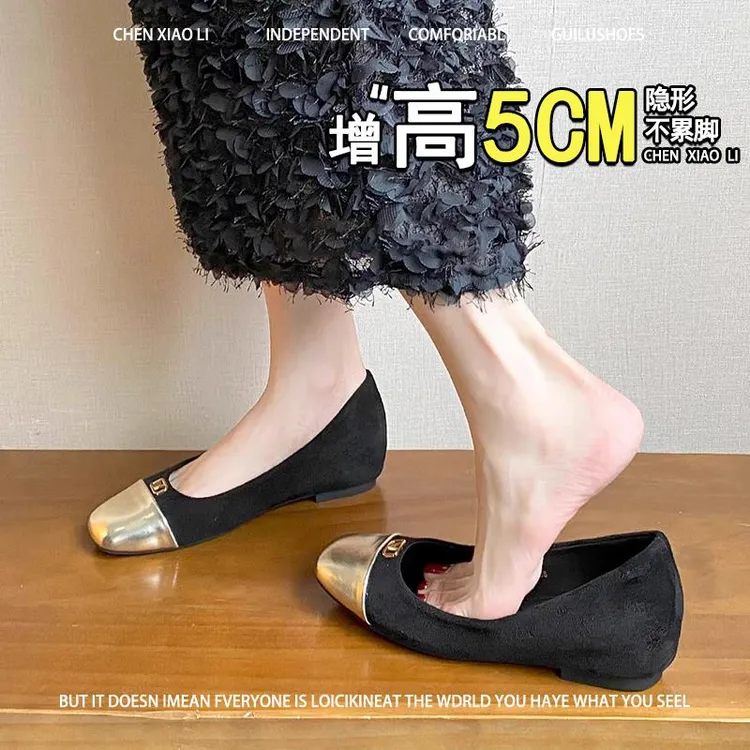 羊皮版~5cm小个子内增高小香风拼色方头玛丽珍鞋女配裙子平底单鞋