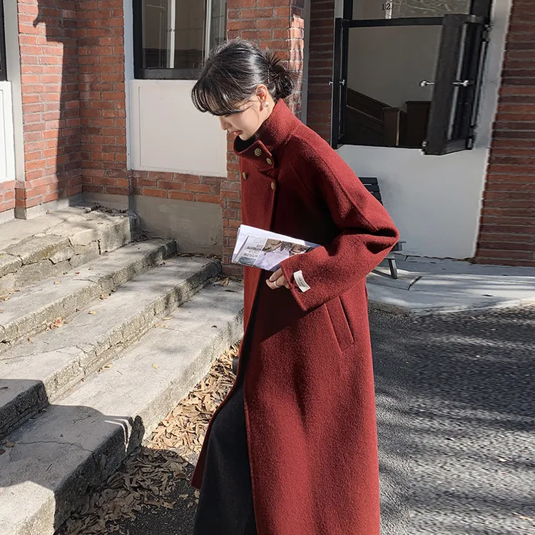 酒红色双面羊毛大衣女2025年冬季新款时尚收腰设计感过膝呢子外套