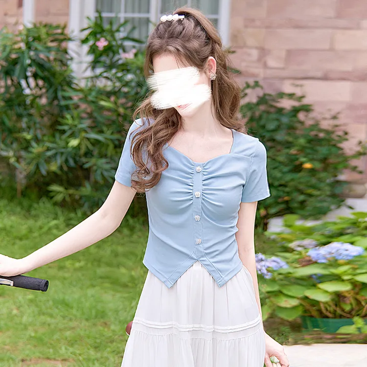 卡莲格/正肩洋气卡腰小衫蓝色短袖T恤女夏款胖mm遮肉针织显瘦上衣