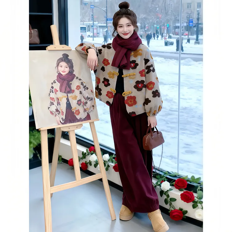 SHALLDOER【梦马生花】出游套装女秋冬小花外套+阔腿直筒长裤两件套