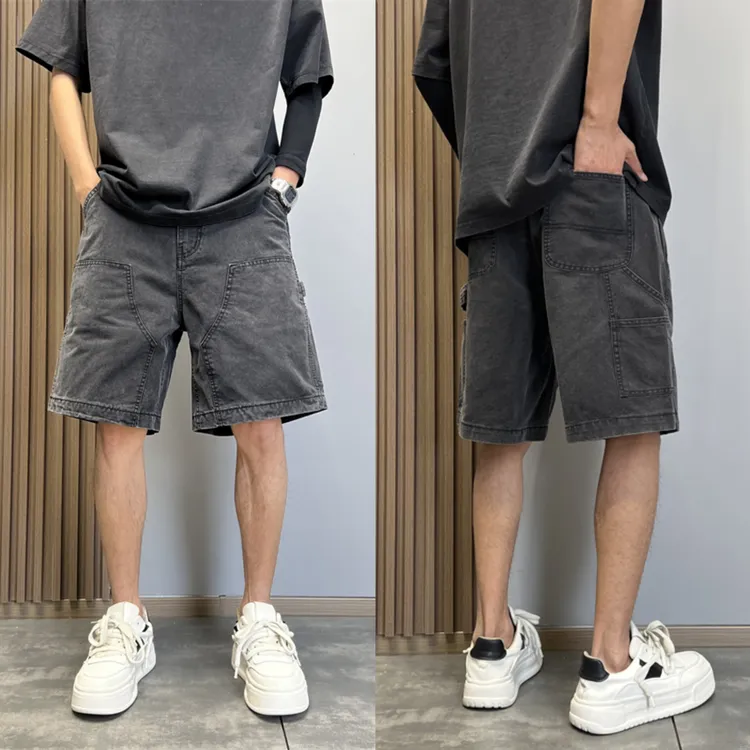 美式复古工装牛仔短裤水洗宽松直筒夏季薄款潮牌男士休闲五分裤子