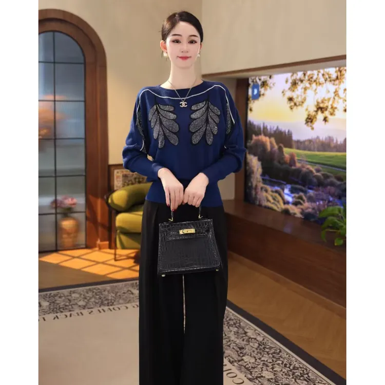 2025年秋冬新款【QQ-1227JR】含绵羊毛蓝色休闲可外穿针织衫上衣女