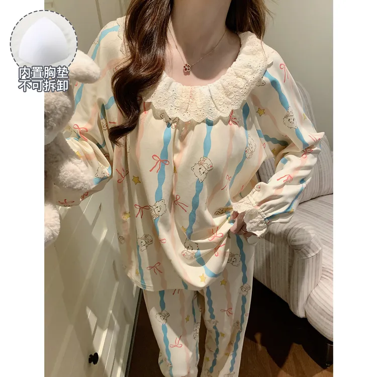 舒适春秋季睡衣女款爆款2025新款大码带胸垫可外穿长袖家居服套装