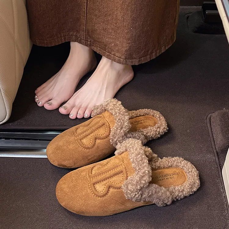 防水台学院风包头拖羊羔毛毛拖鞋厚底毛绒居家毛拖