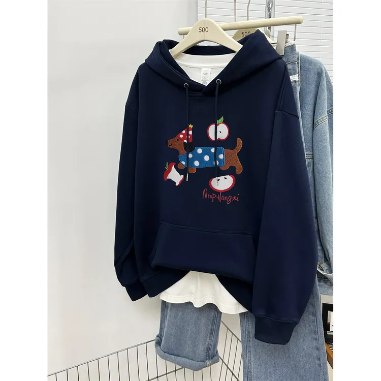 韩版卡通腊肠狗印花连帽套头卫衣女秋冬新款宽松大码情侣装外套潮