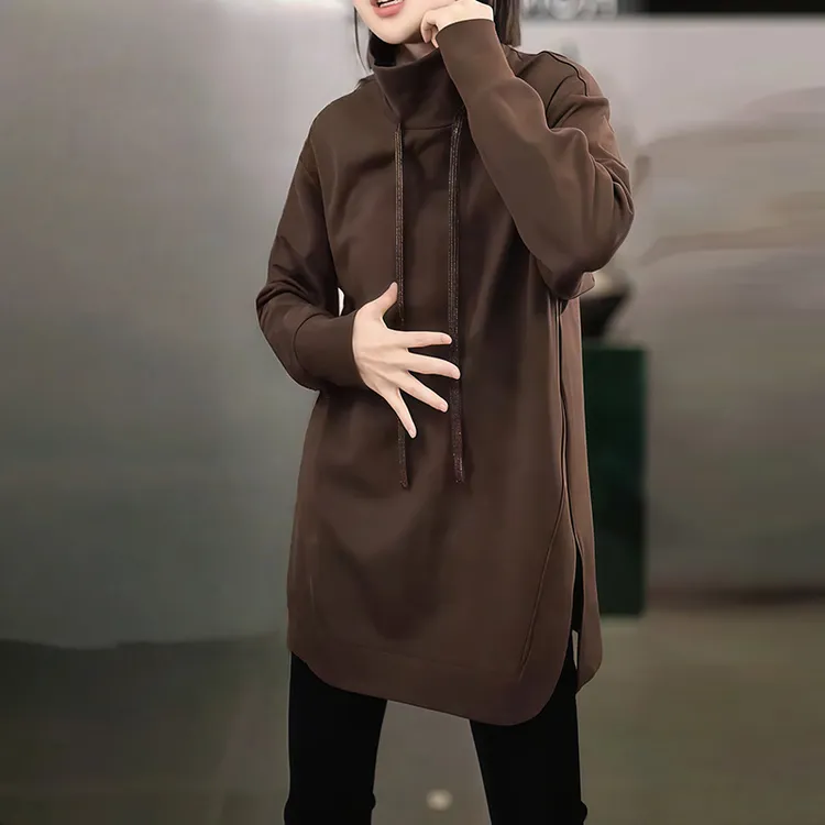 高级感咖色高领开叉卫衣女秋季新款宽松通勤大码百搭长袖打底衫潮