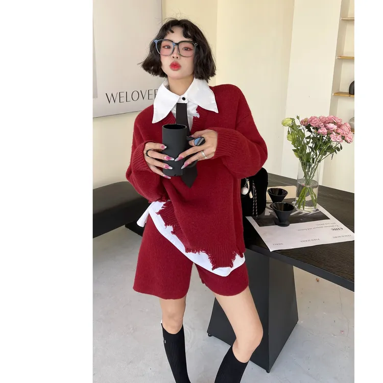 2024秋冬韩版设计感衬衫领带拼接假两件毛衣短裤小众纯色时尚套装