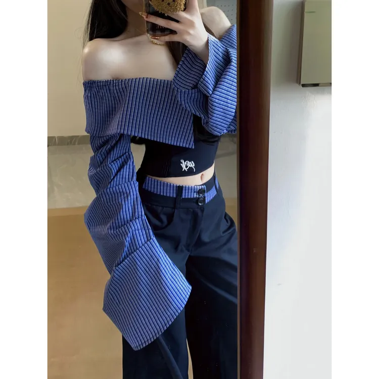 套装女2025春季新款一字肩条纹拼接显瘦修身上衣学院风休闲阔腿裤