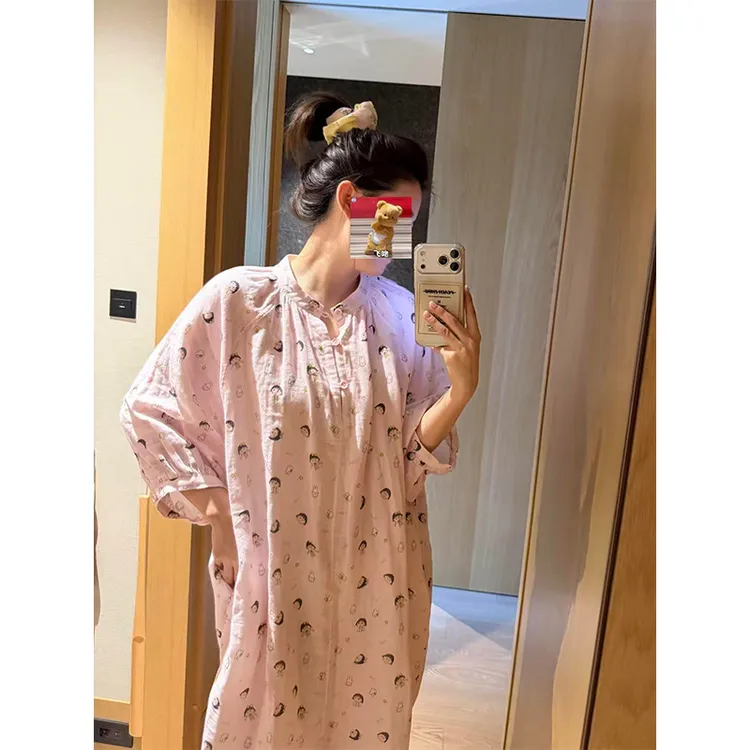 可爱樱桃小丸子纯棉睡衣女2026夏季宽松大码七分袖家居服连衣长裙