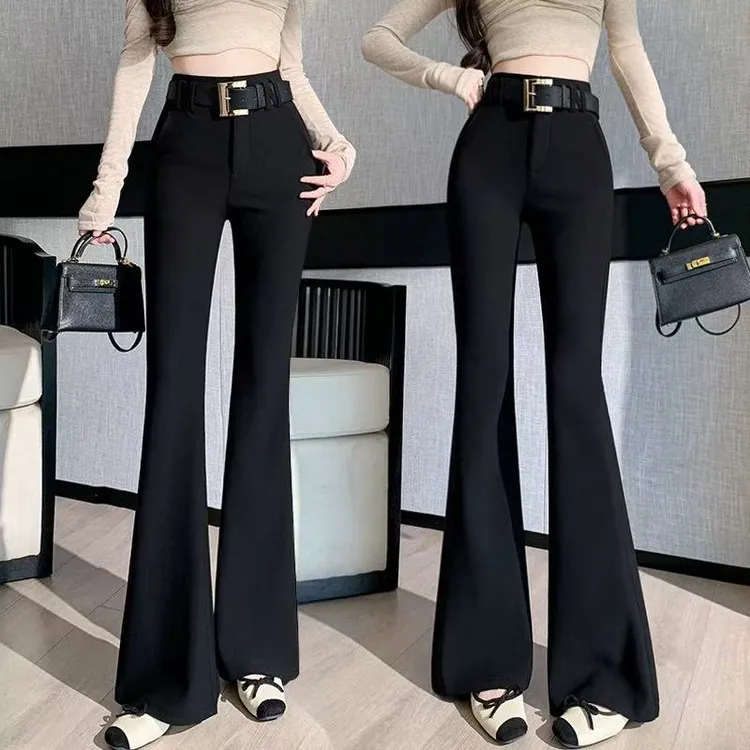 【赠腰带】微喇裤女2025秋季新款黑色休闲高腰显瘦西装喇叭裤99227#