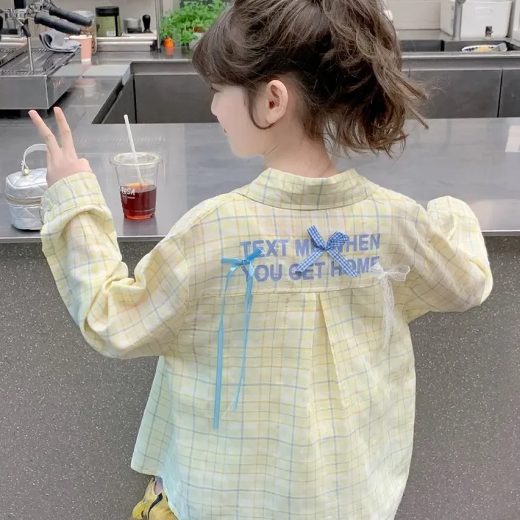 女童春秋新款格子衬衫韩版轻薄蕾丝蝴蝶休闲洋气长袖上衣