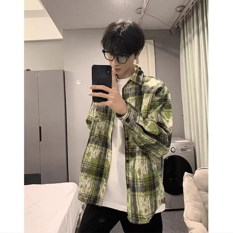 男士秋冬叠穿高级感渐变绿色扎染格纹长袖衬衫美式复古风格外套
