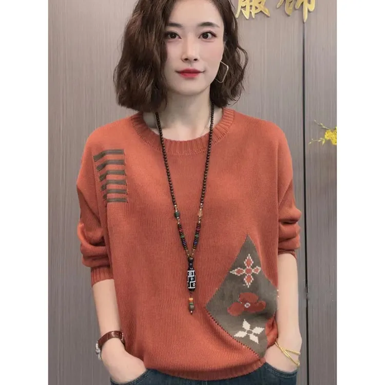 春秋冬宽松显瘦【80-200斤】提花圆领毛衣女新款民族风针织打底上衣
