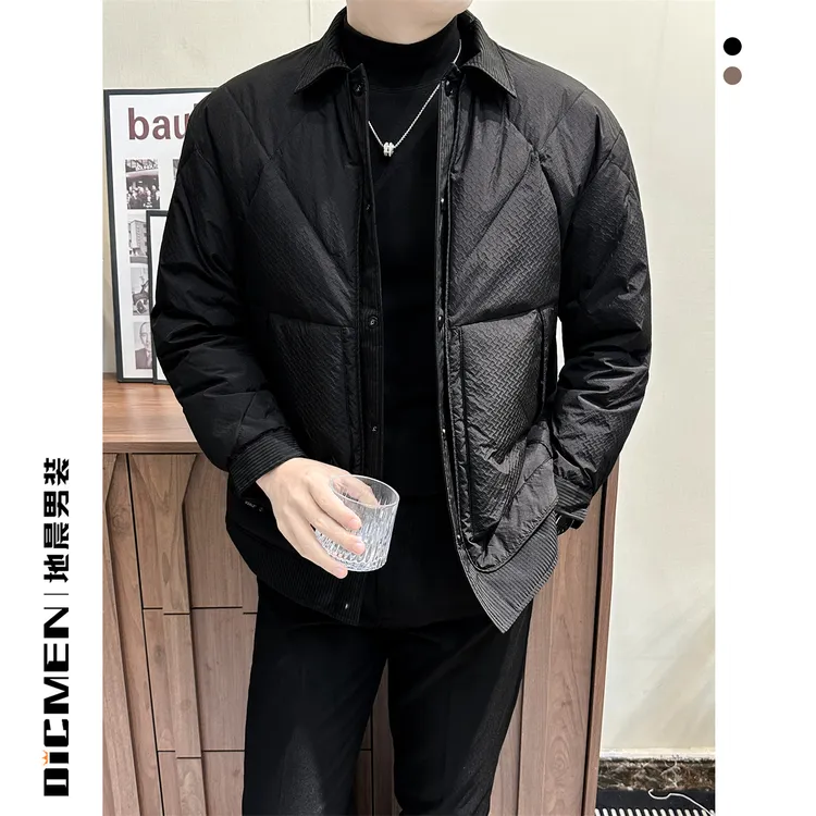 暗纹肌理商务休闲轻便羽绒服男士衬衫领保暖外套2025爆款修身上衣