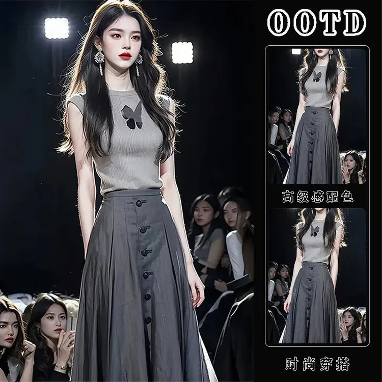 灰色针织短袖女T恤夏季2025新款蝴蝶结修身短款显瘦独特别致上衣