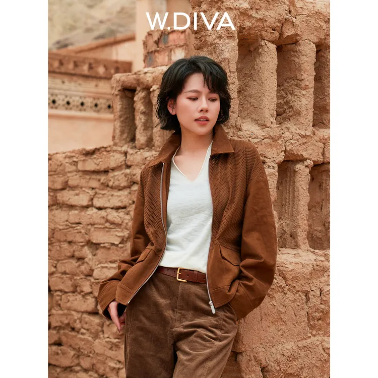 W.Diva【呼吸主义】复古头层正绒面小牛皮拉链皮衣夹克53C012784