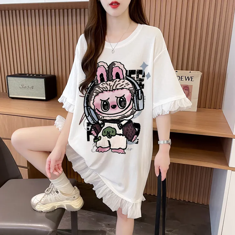 长款过膝超仙T恤女短袖纯棉夏季宽松设计感时尚大码蕾丝体恤裙ins