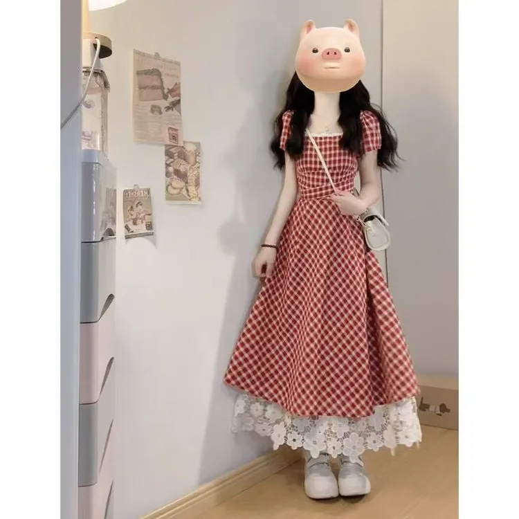 红格绮梦大码胖mm红色法式甜美连衣裙方领蕾丝边桔梗初恋A字长裙