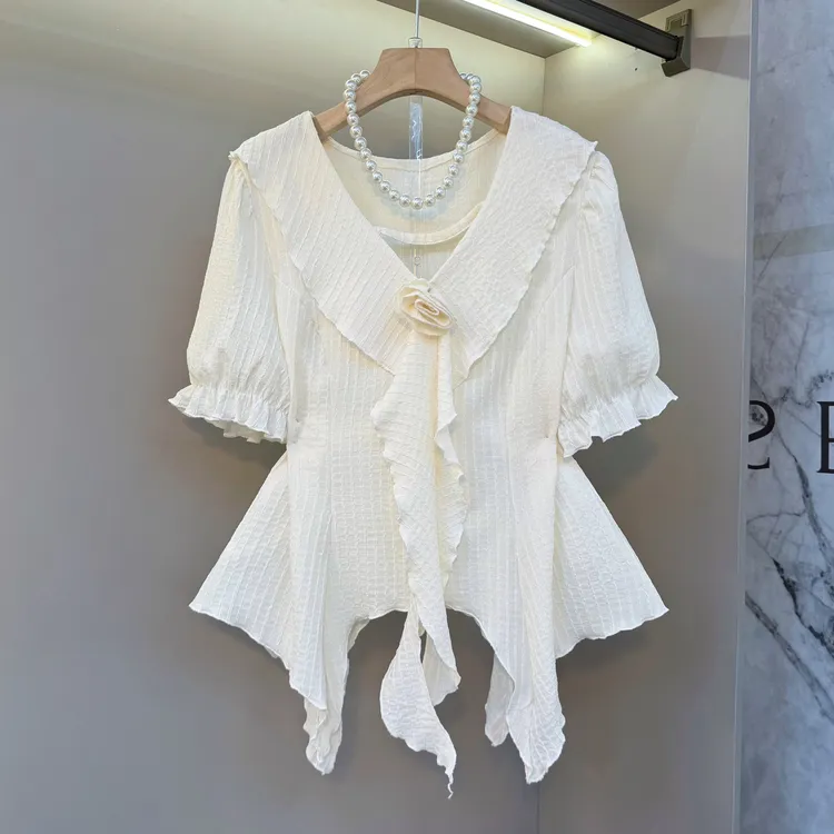 欧货大码女装衬衫2025夏季新款立体花朵设计感不规则洋气上衣2131