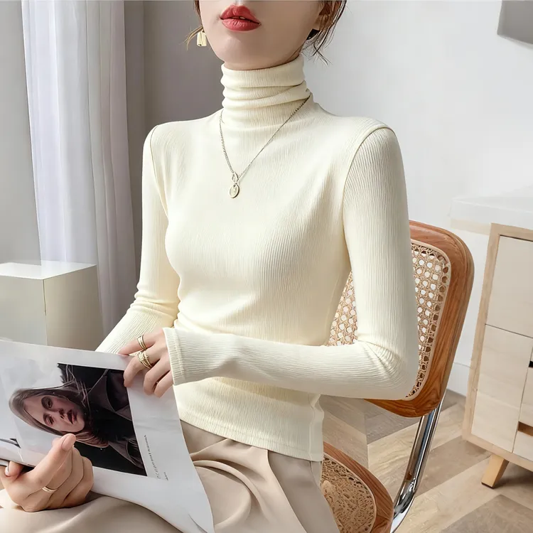 加绒磨毛杏色高领打底衫女秋冬2026新款保暖内搭螺纹正肩长袖上衣
